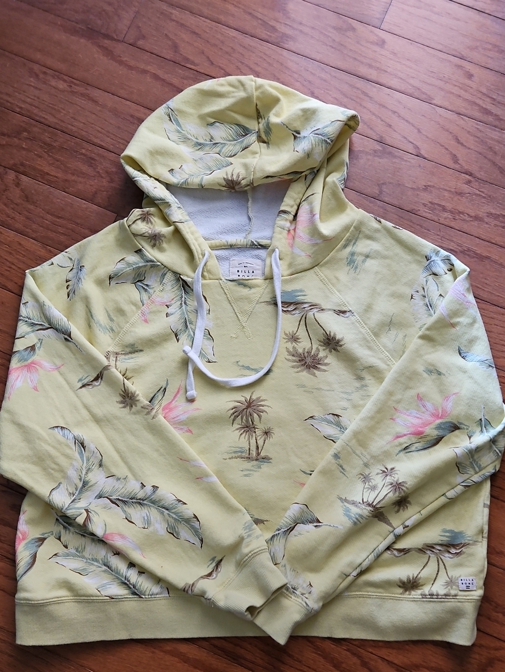 BILLABONG PALE YELLOW PALM TREE PRINT HOODIE SZ L